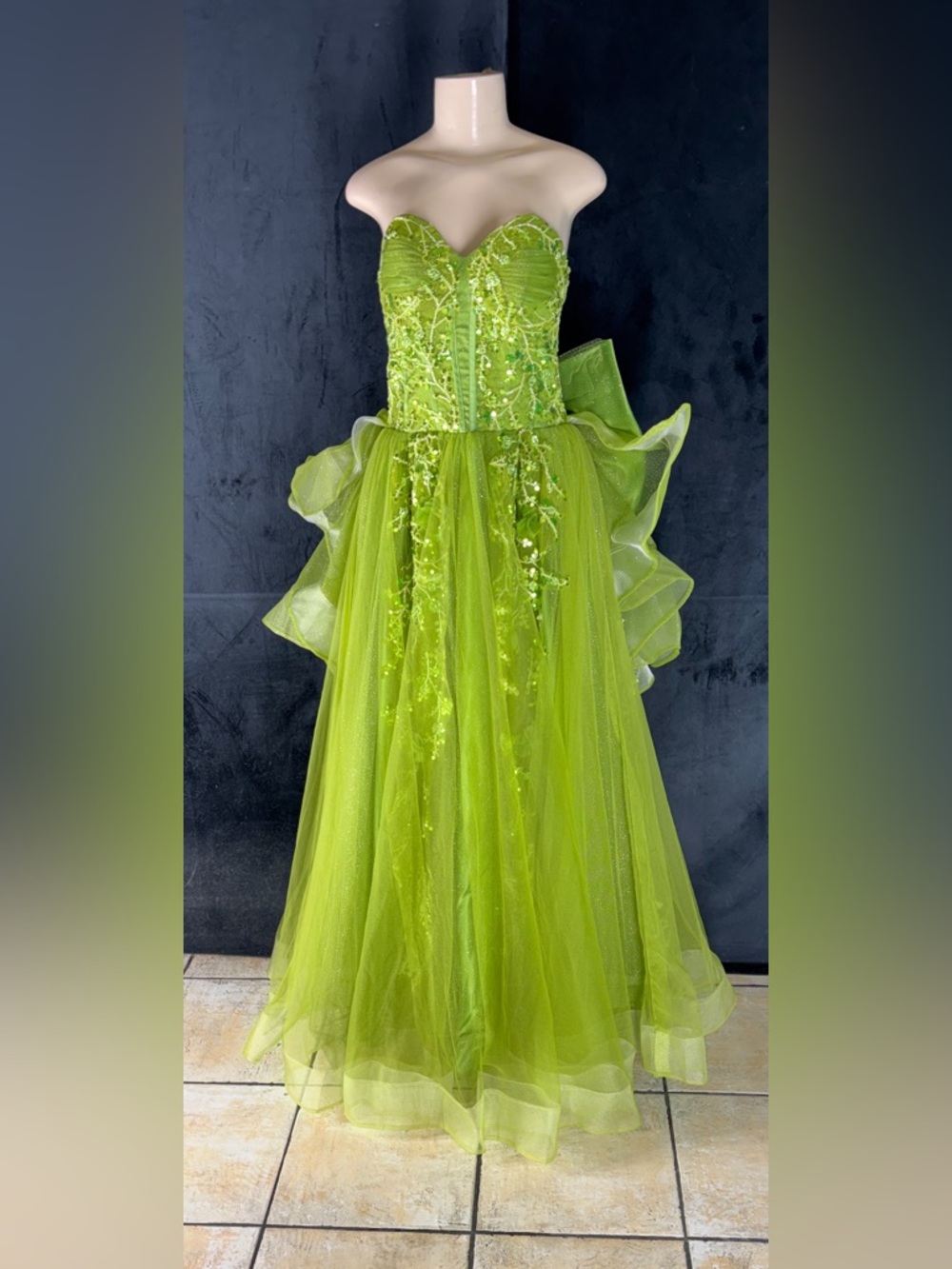 Lime Green Strapless Beaded Ball Gown